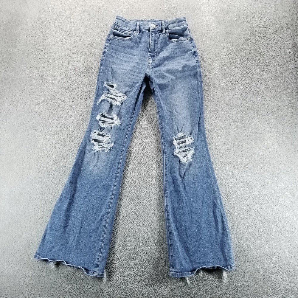 American Eagle Jeans Womens 2 Blue Curvy Super High Rise Flare Distressed‎ Hem